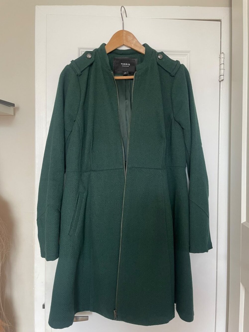 Torrid Forest Green Herringbone Fit & Flare Coat | Size 00 | Zip Front